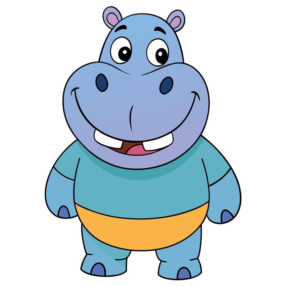Cute cartoon hippopotamus character standing and smiling wearing clothes illustration vector