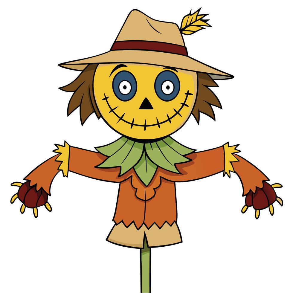 Cartoon scarecrow with a hat and leaf design on a white background vector