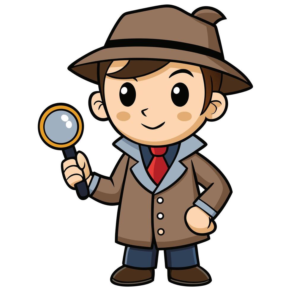 Cartoon detective character holding magnifying glass isolated on white background vector