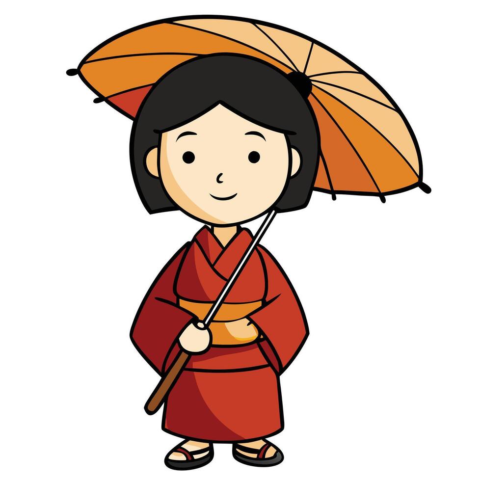 Cartoon illustration of a girl in kimono holding an orange umbrella vector