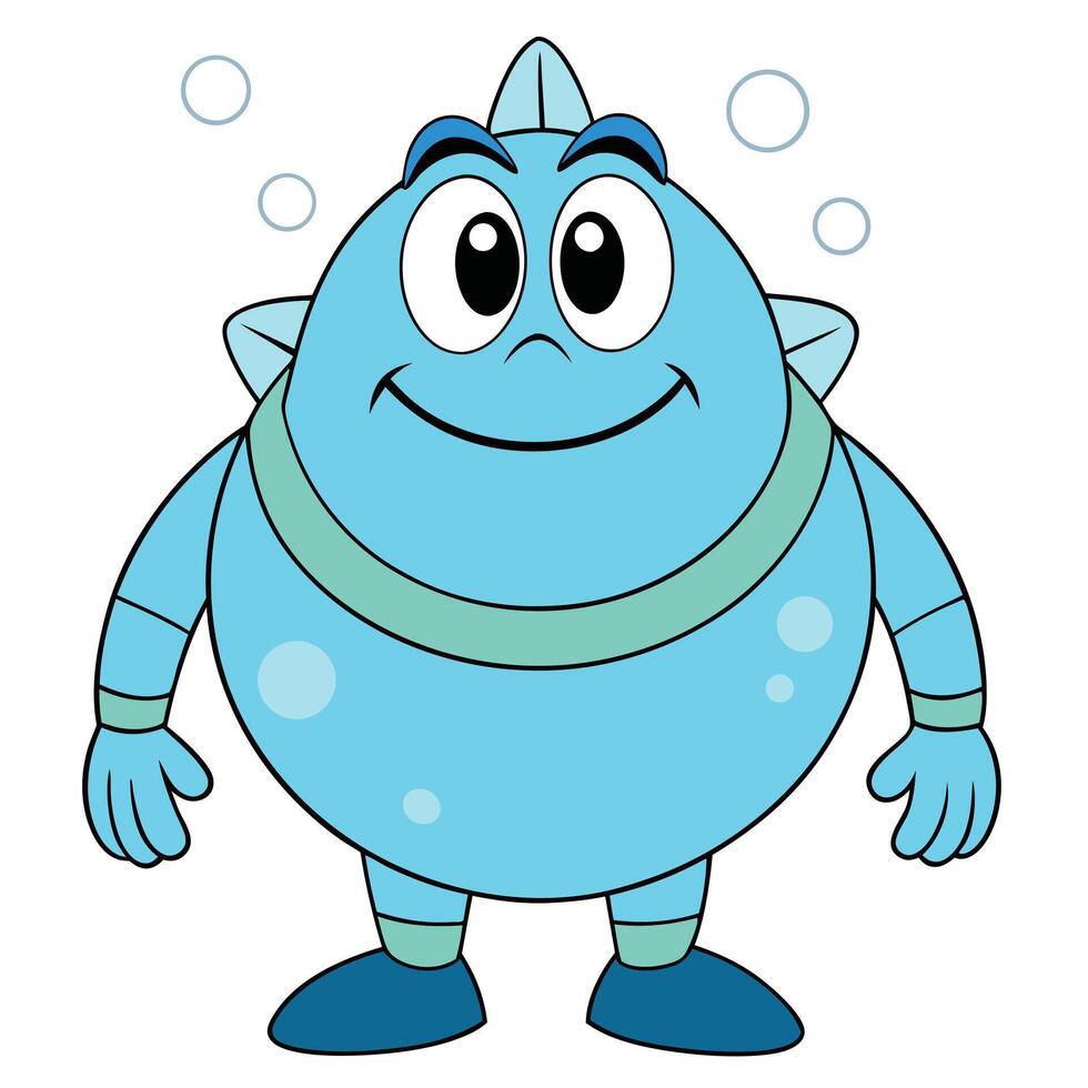 Cute cartoon water creature character with smiling expression and bubbles around it vector