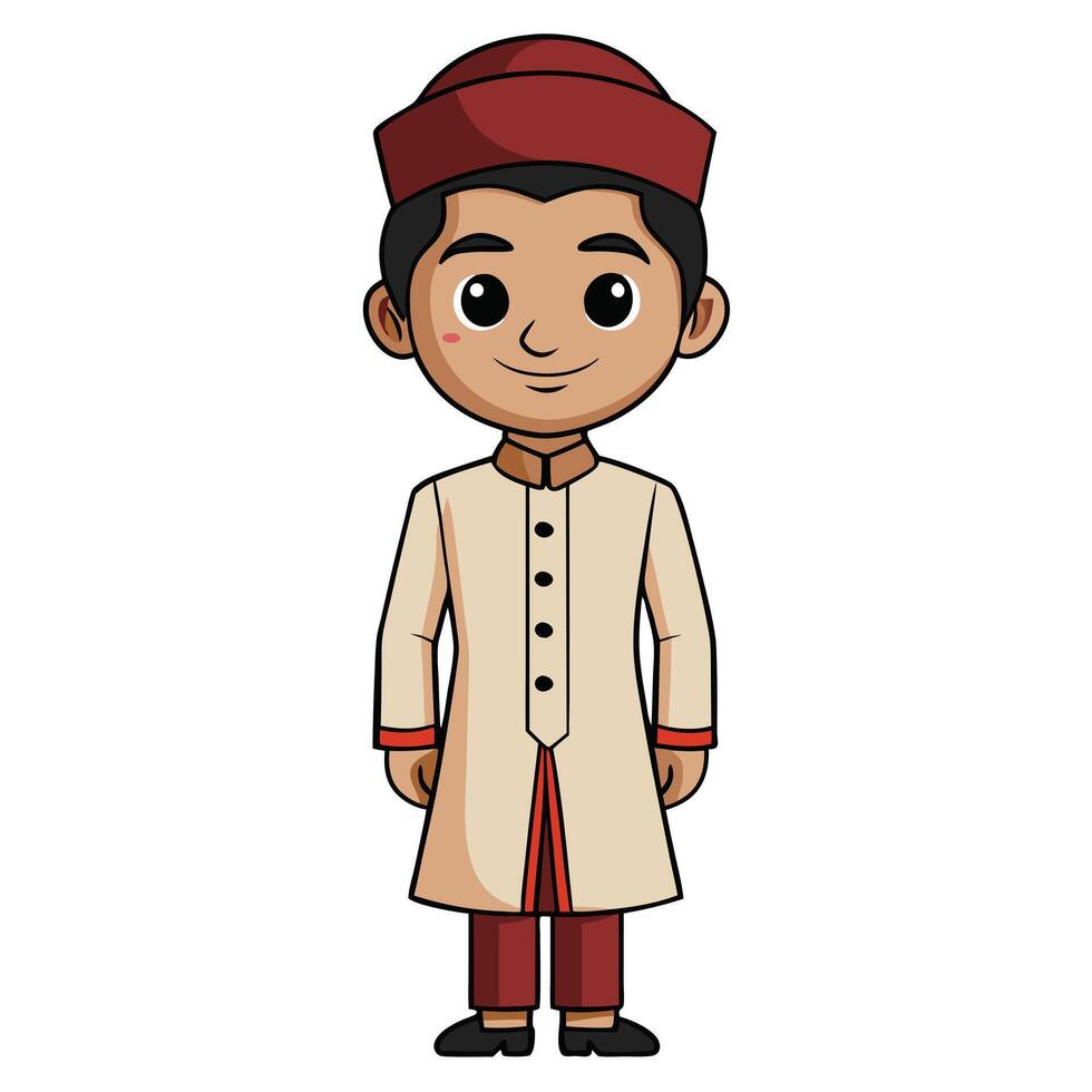 Cartoon muslim boy character illustration in traditional kurta pajama and kufi hat vector