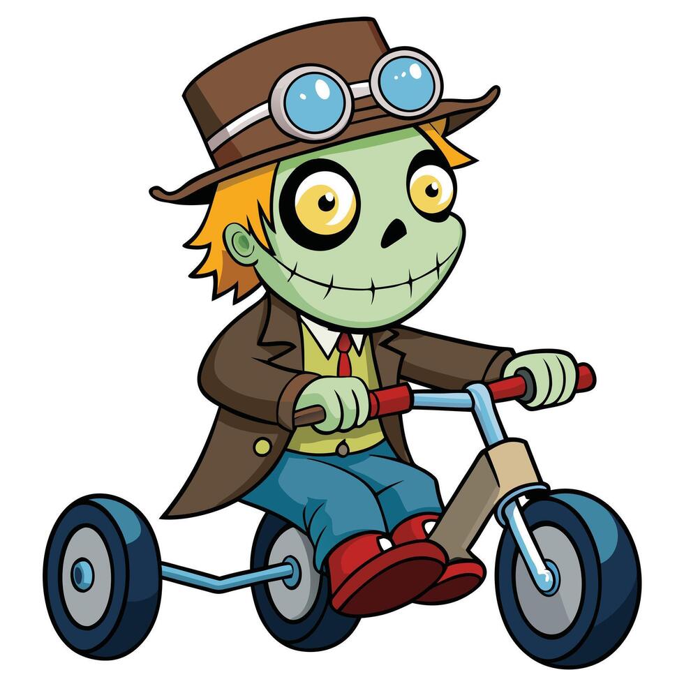 Cartoon zombie character riding tricycle isolated on white background illustration vector