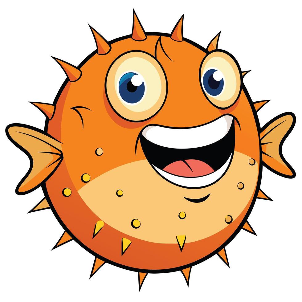 Smiling pufferfish character illustration orange color cartoon fish design vector