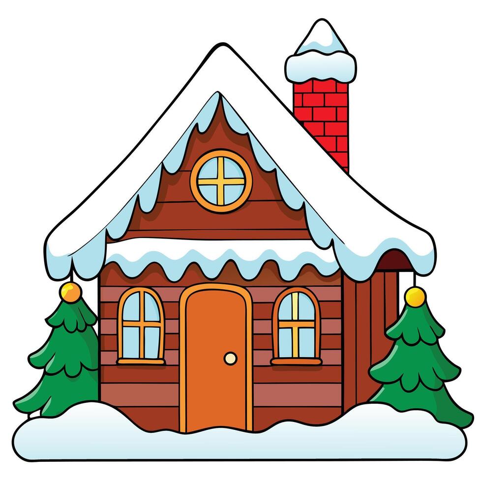 Cute cartoon winter house covered in snow with christmas trees vector
