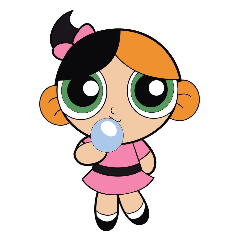 Cute cartoon girl with bubble gum in pink dress illustration vector