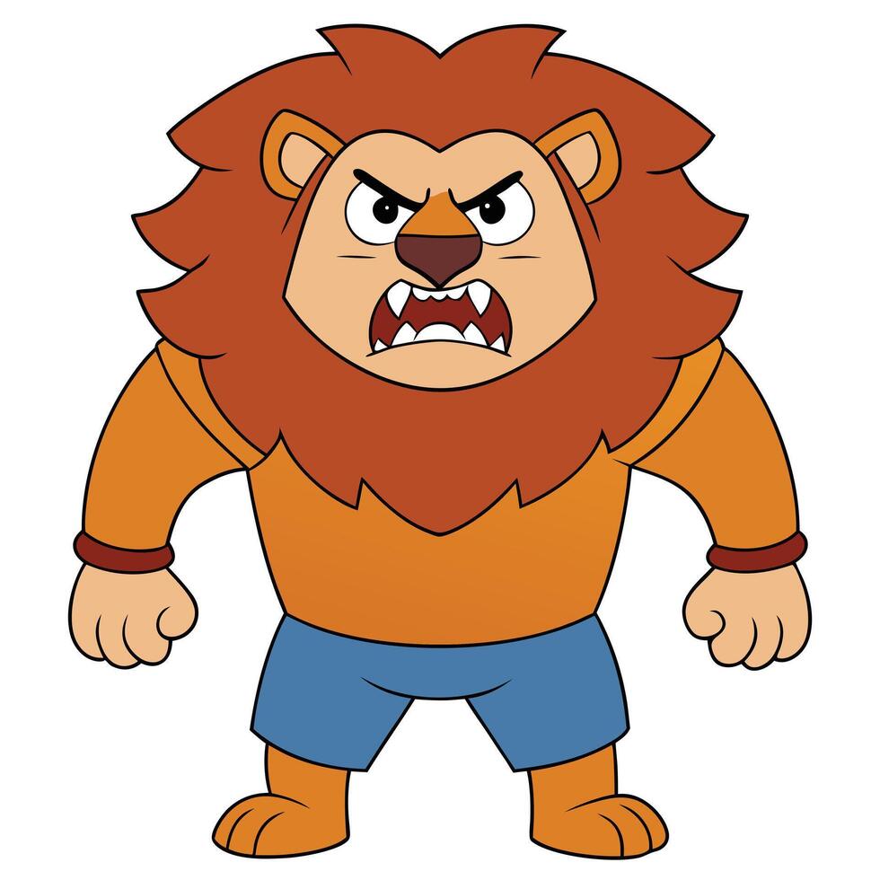 Angry cartoon lion character with fierce expression wearing clothes illustration vector