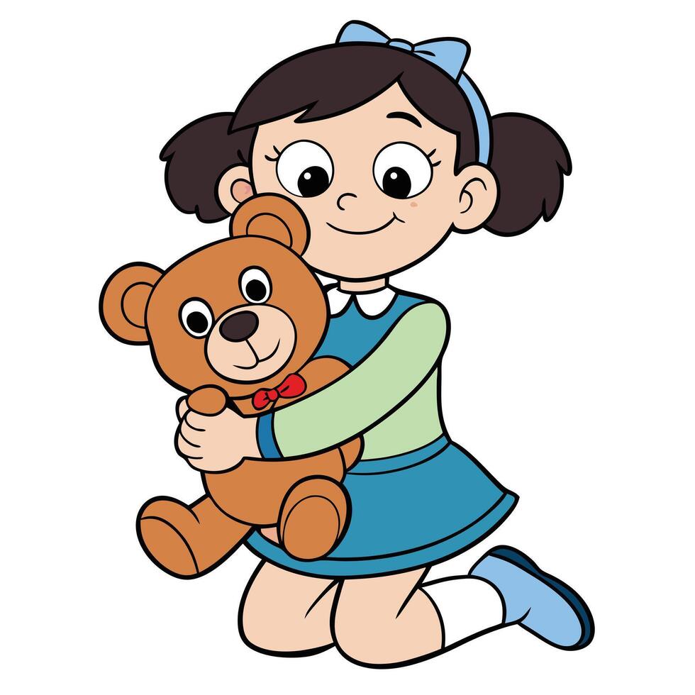 Cartoon girl hugging a teddy bear smiling cartoon illustration for children vector
