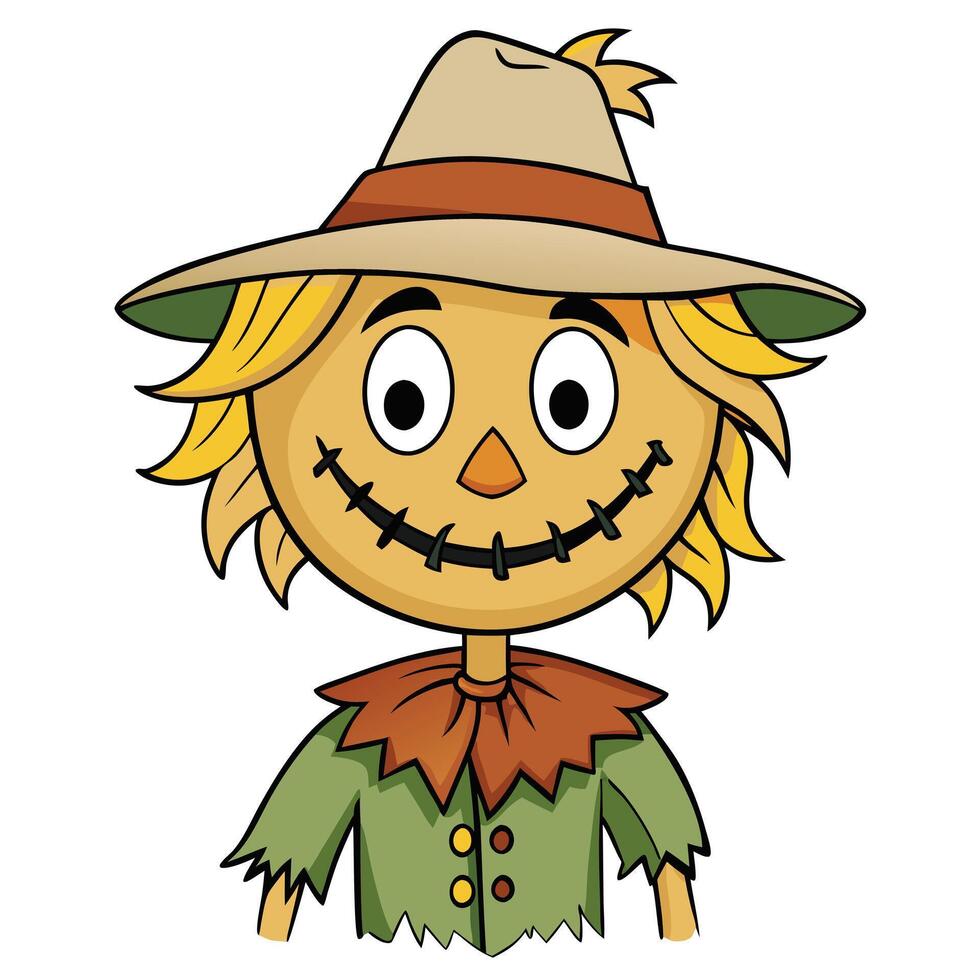 Cartoon scarecrow character in hat and green shirt for fall season illustration vector