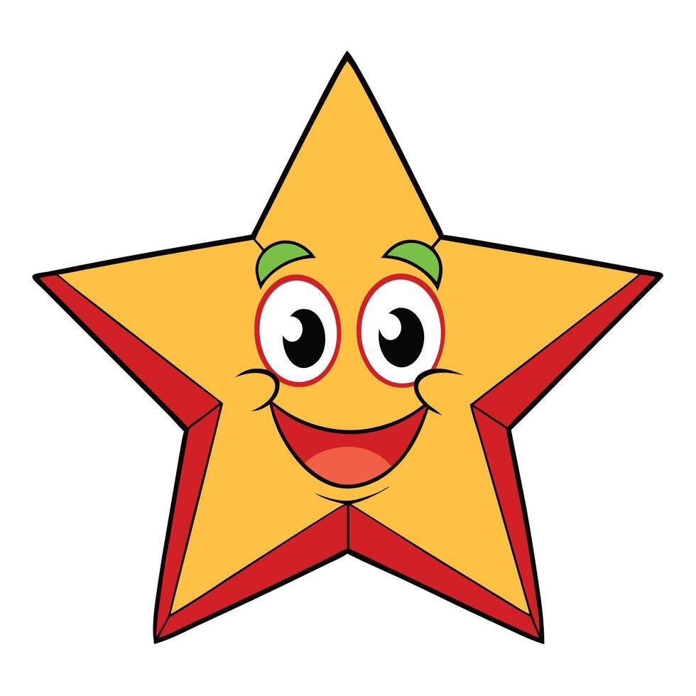 Cute smiling yellow star character illustration with red borders and green eyebrows vector