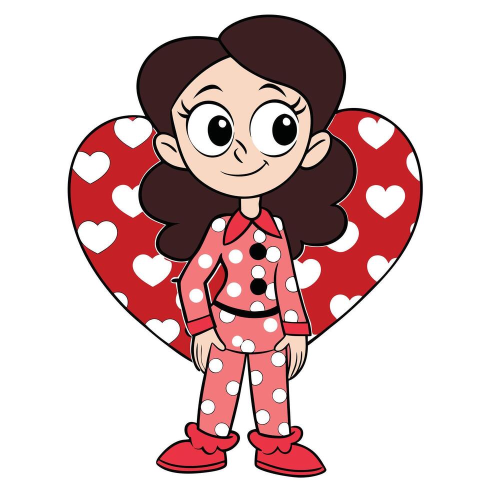 Cartoon girl in pajamas with heart backdrop for valentines day illustration vector