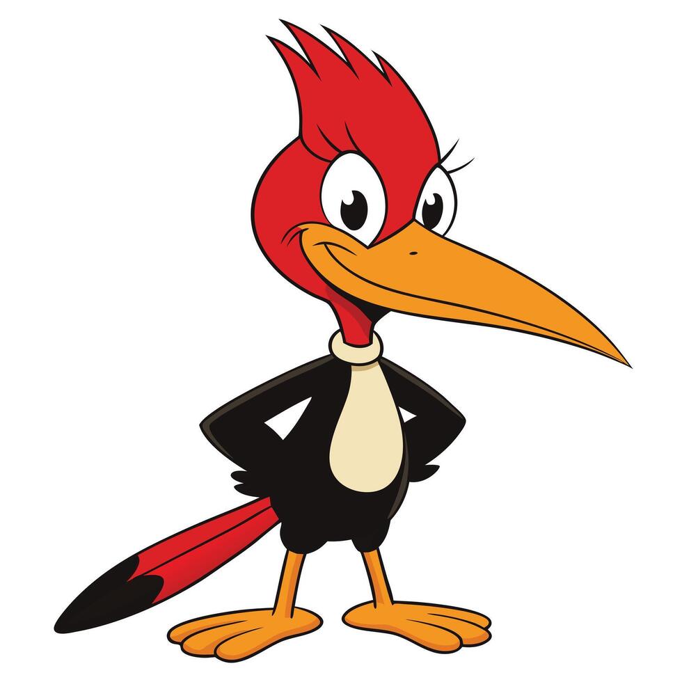 Smiling cartoon woodpecker character with red head and black feathers illustration vector