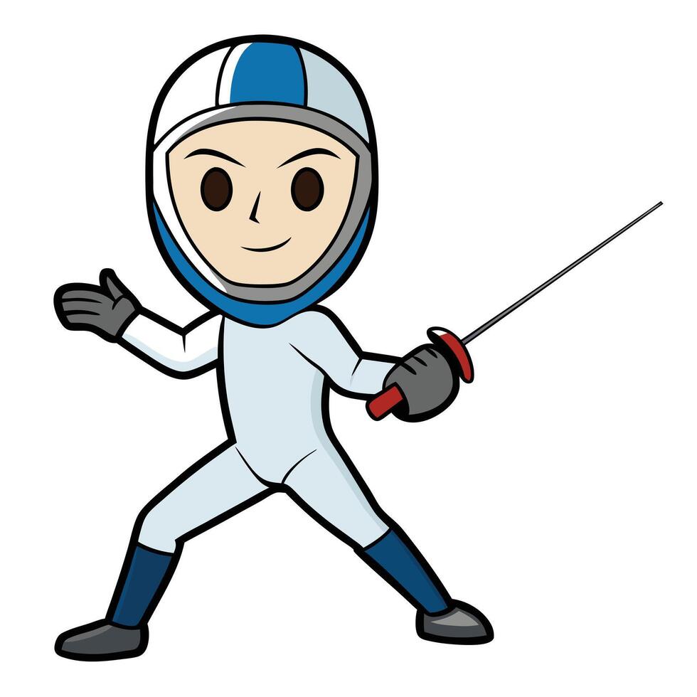 Cartoon fencer holding a foil in protective gear ready to attack vector