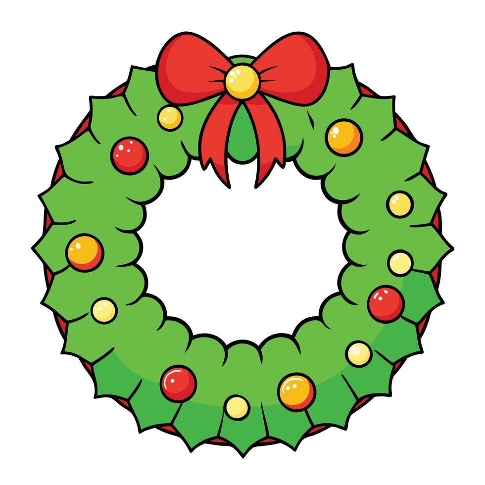 Cartoon christmas wreath with red bow and colorful ornaments decoration isolated vector