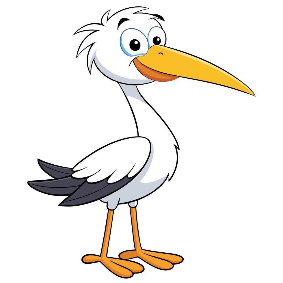 Cheerful cartoon stork standing isolated on white background illustration vector