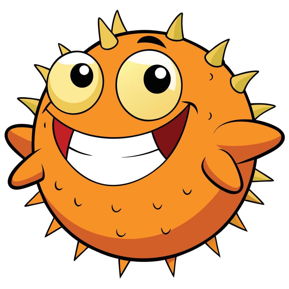 Cheerful cartoon pufferfish character with big smile and yellow spines illustration vector