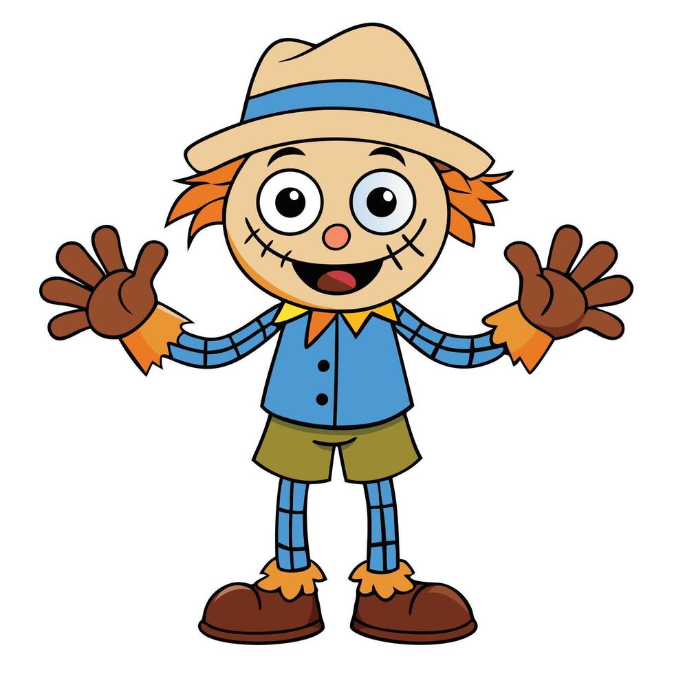 Cheerful cartoon scarecrow with stitched smile for autumn and halloween illustrations vector