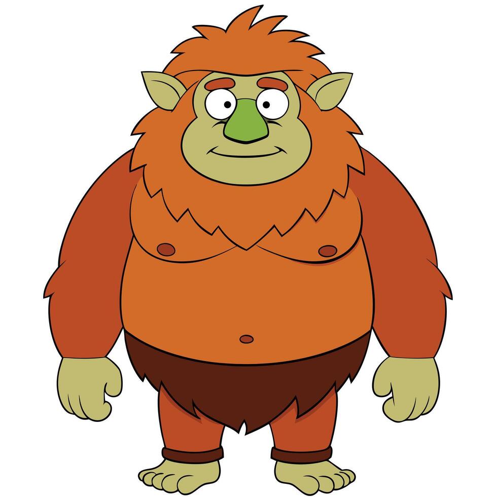 Cartoon forest troll character with orange fur and green skin design vector