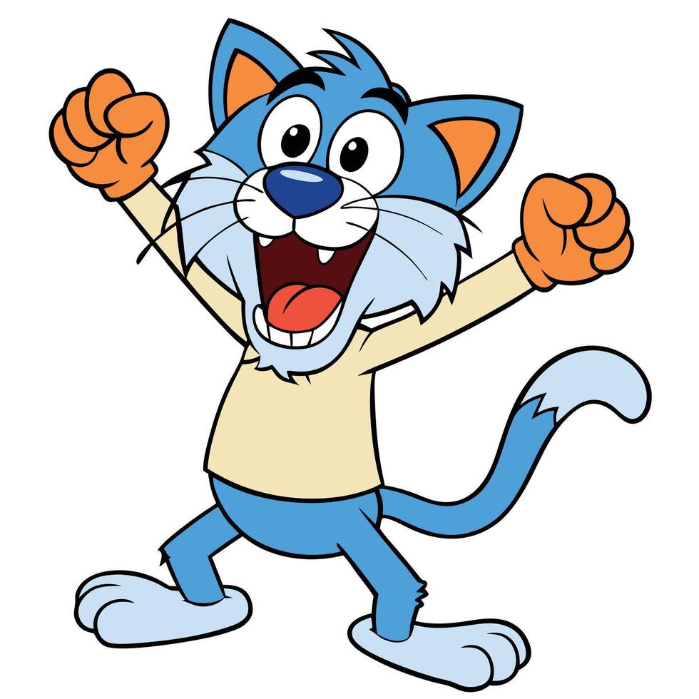 Cartoon style blue cat celebrating success with arms raised illustration vector
