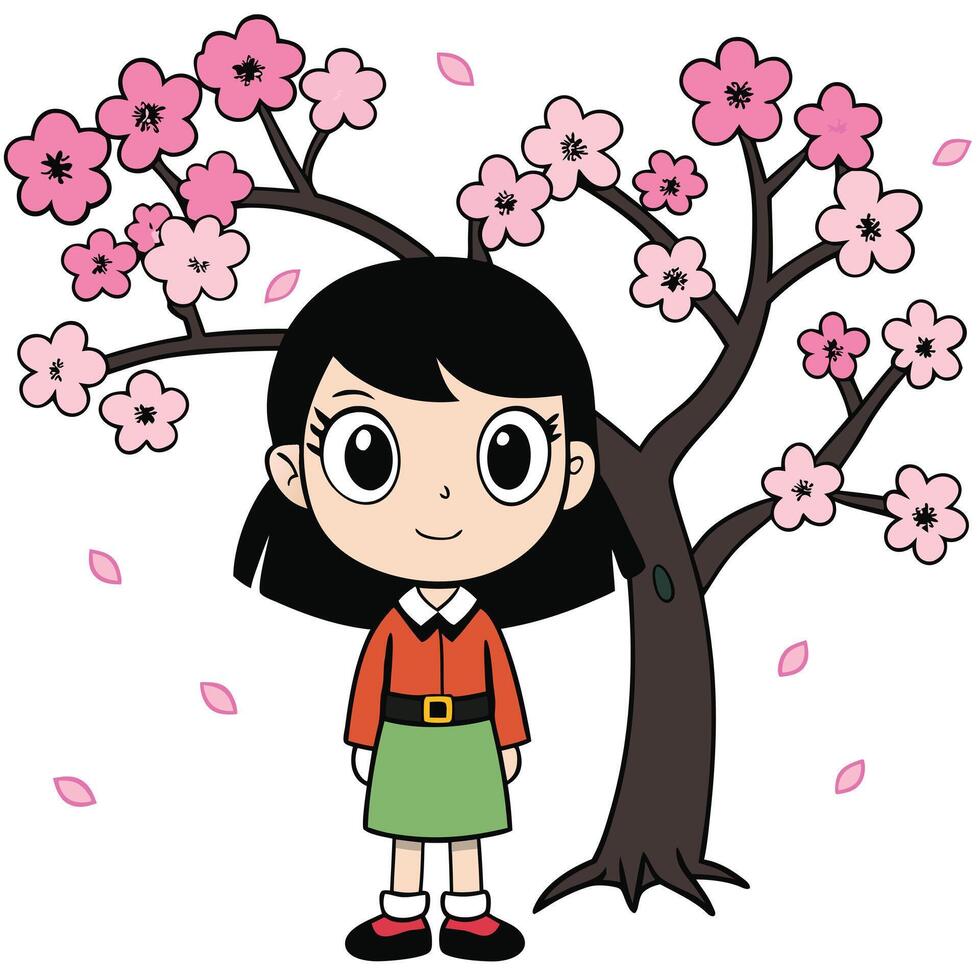 Cute cartoon girl with black hair standing under a cherry blossom tree vector