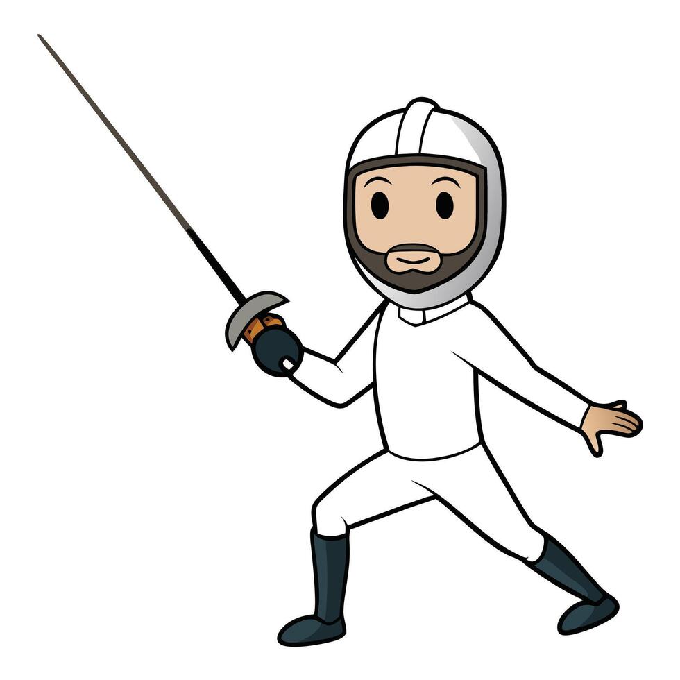 Cartoon fencer illustration ready to attack with a foil in competitive gear vector