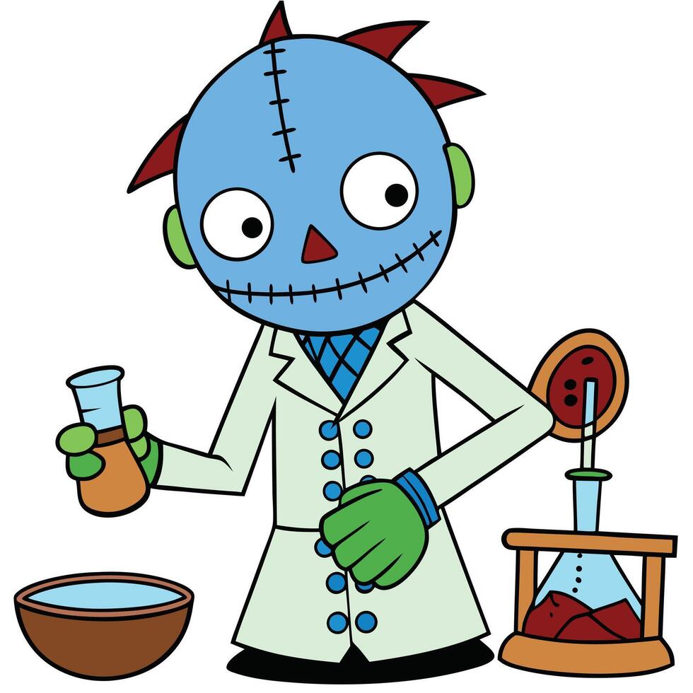 Cartoon zombie scientist mixing chemicals in a laboratory illustration vector
