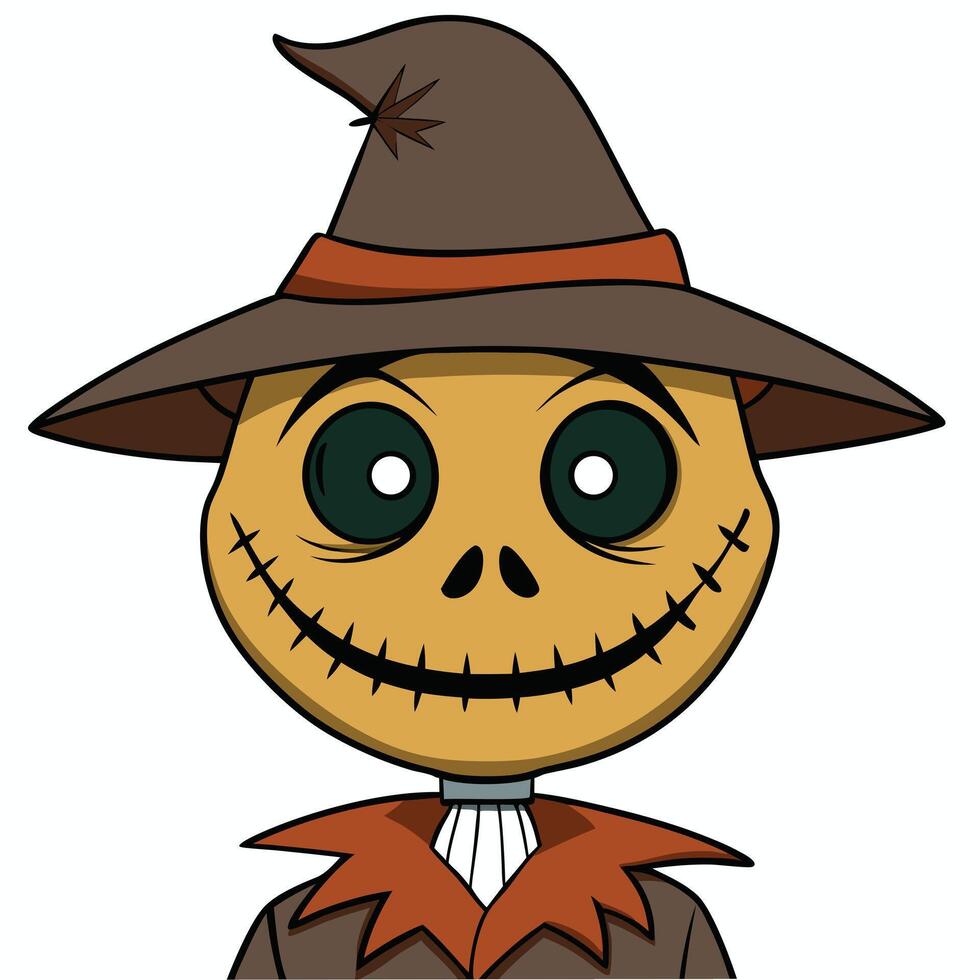 Cartoon halloween scarecrow character design with stitched smile and dark hat vector