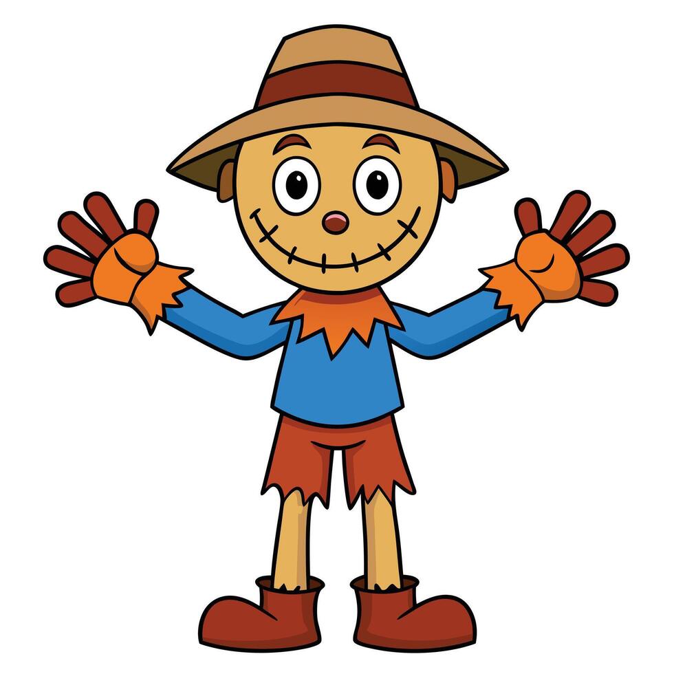 Cartoon scarecrow illustration with arms extended in classic autumn style vector