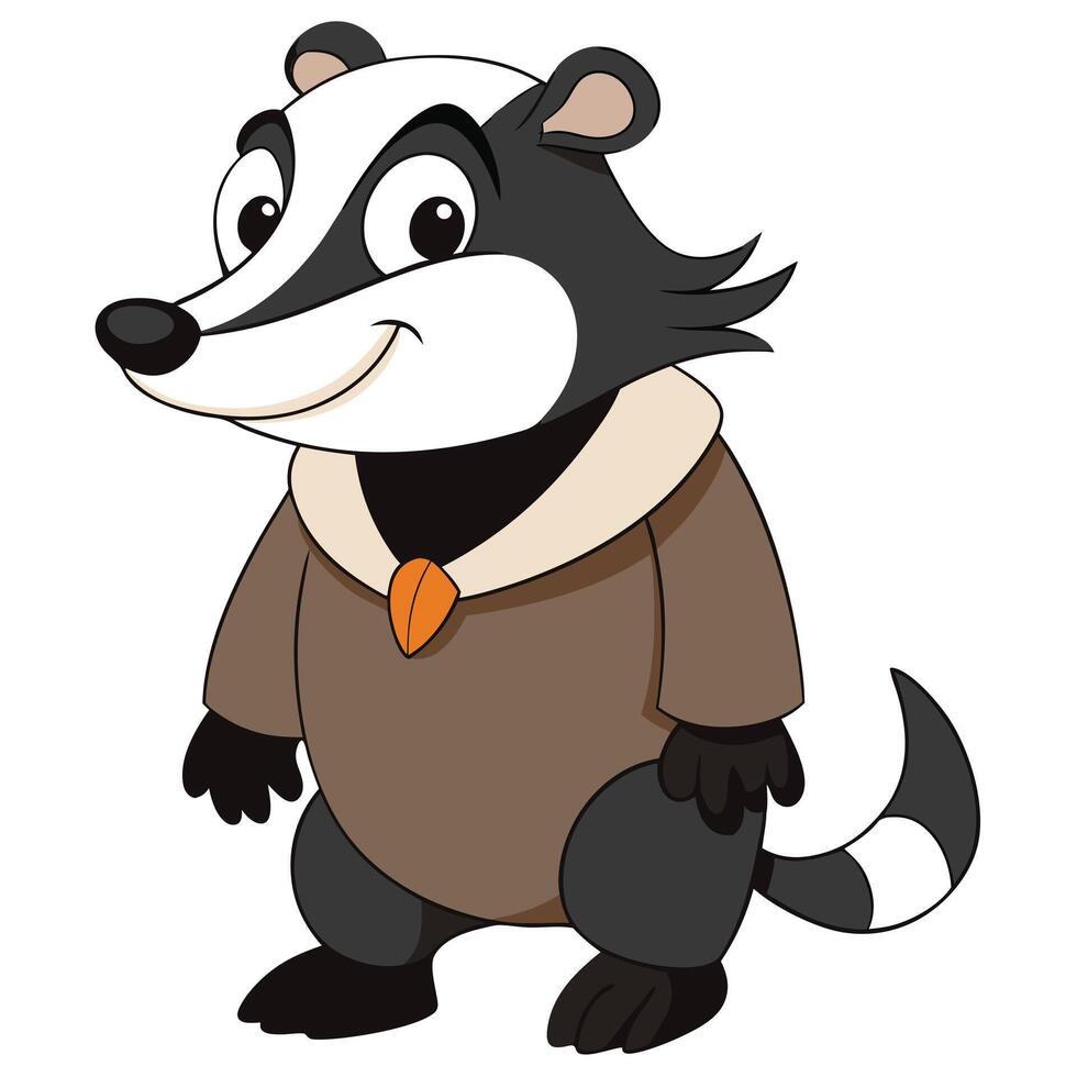 Cartoon badger illustration cute animal character wearing a brown coat smiling vector