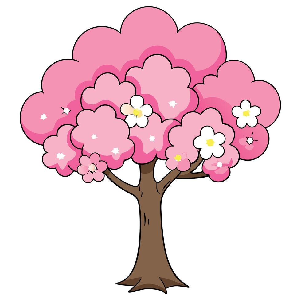 Cartoon illustration of a cherry blossom tree with pink blossoms and white flowers vector