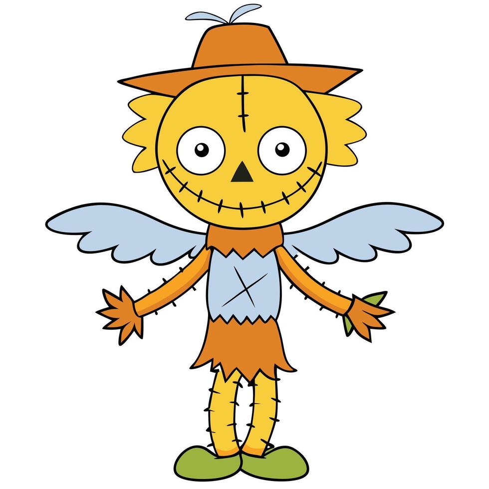 Cartoon scarecrow with hat and wings for autumn and halloween themes vector