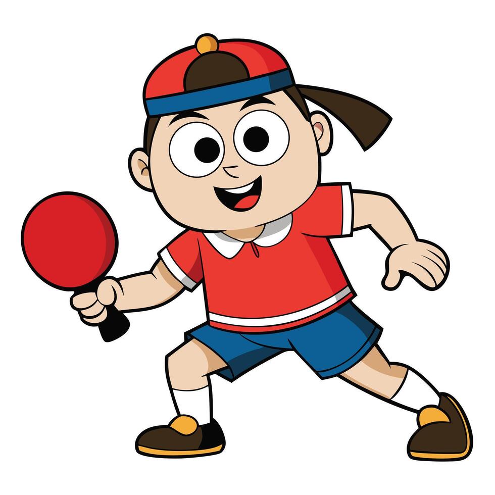 Cheerful cartoon boy playing table tennis illustration with enthusiastic expression vector