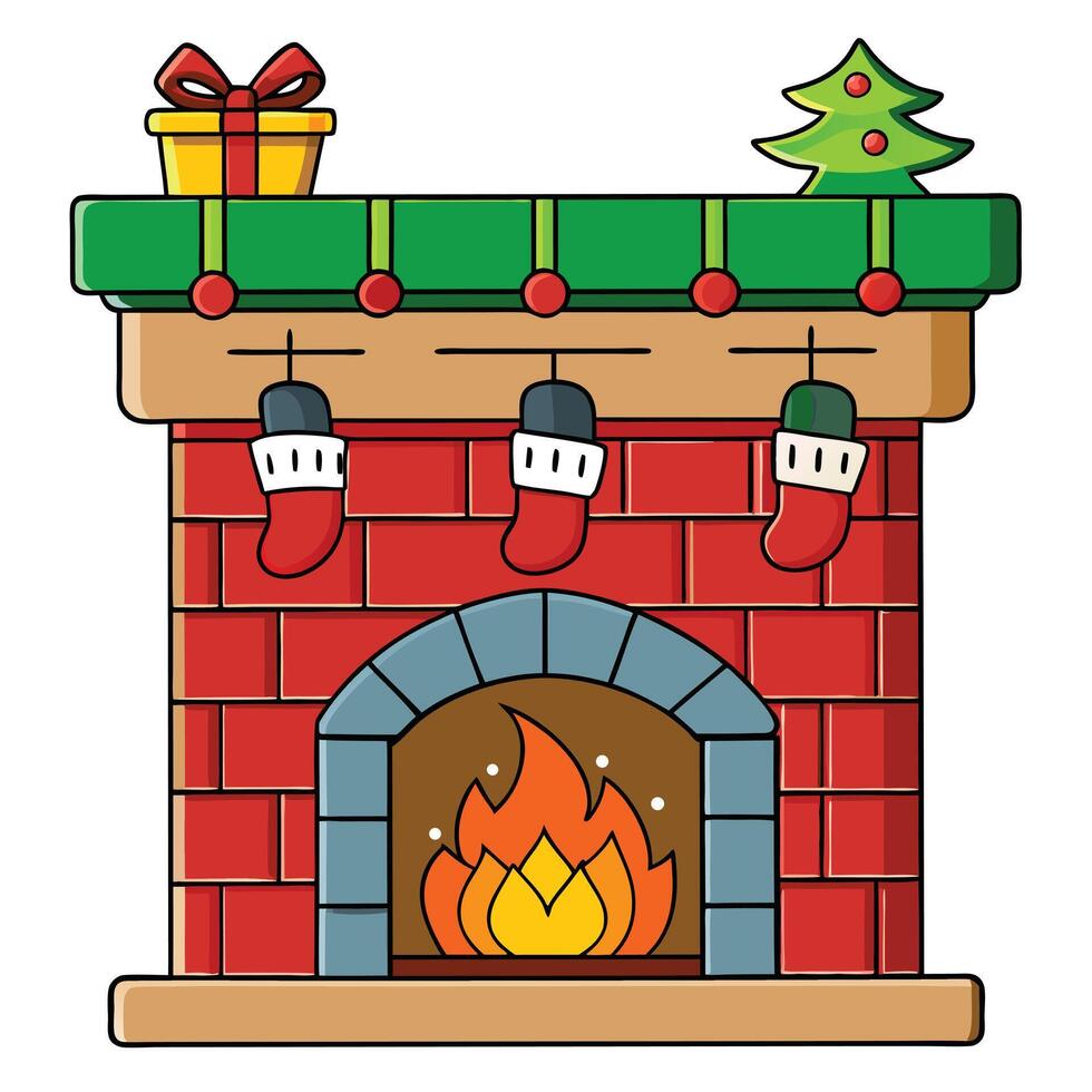Cartoon fireplace with christmas decorations gift tree and hanging stockings vector