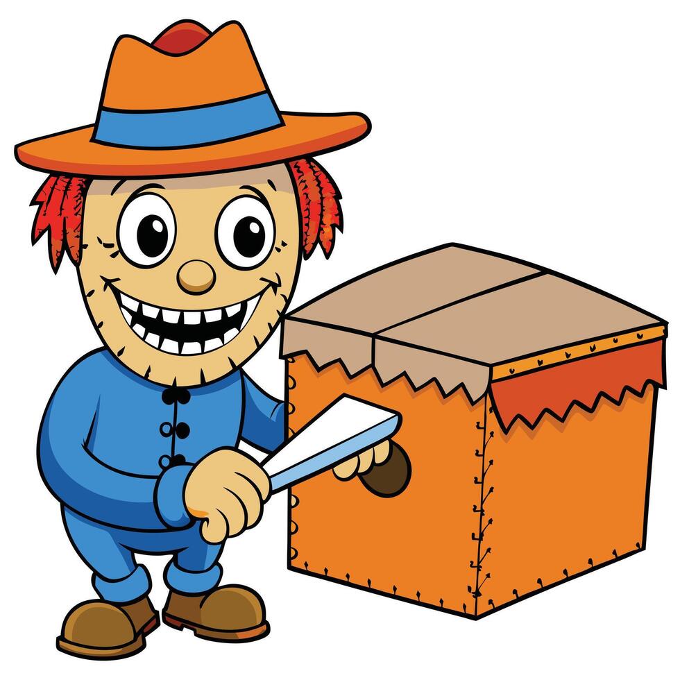 Cartoon scarecrow sharpening a tool next to a box in illustration vector