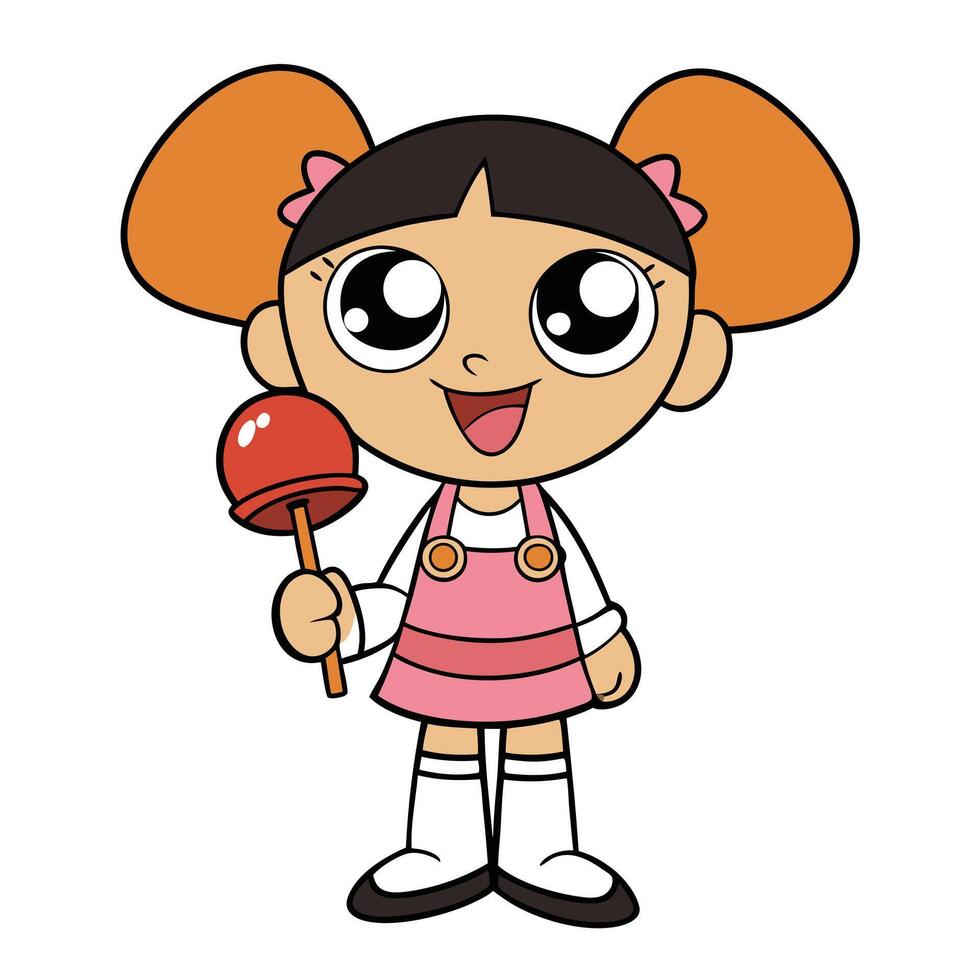 Cute cartoon girl holding lollipop illustration with large eyes and happy smile vector