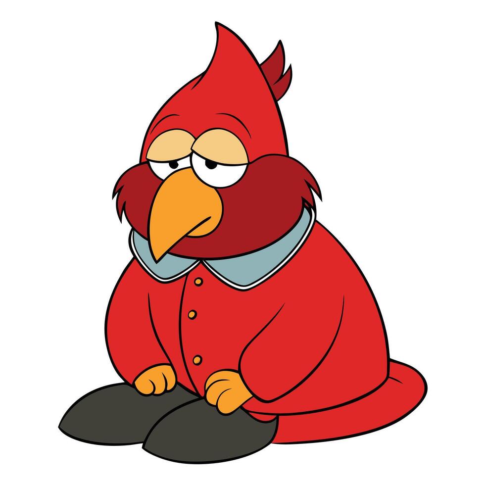 Cartoon cardinal illustration depicting a sad red bird character seated vector