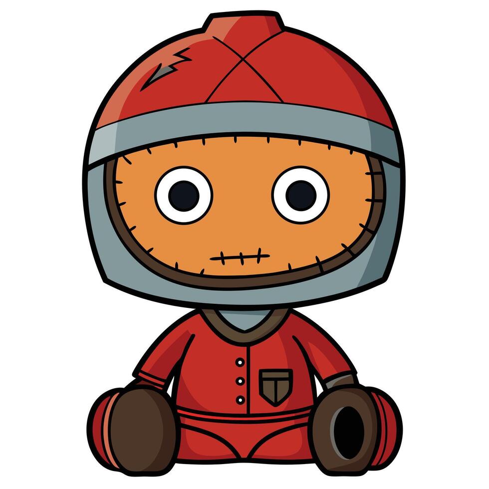 Cartoon character in red suit with stitched face and rounded features vector