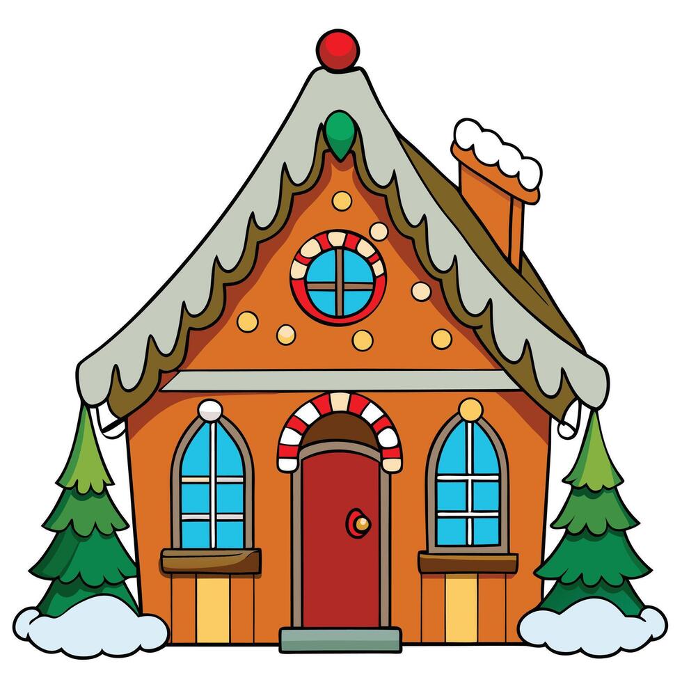 Cartoon gingerbread house illustration with christmas trees and candy cane details vector