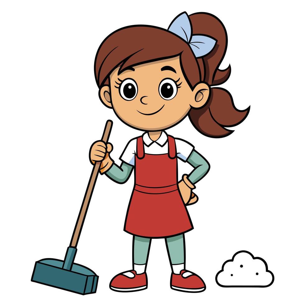 Cartoon girl sweeping floor illustration clean home routine chores concept vector