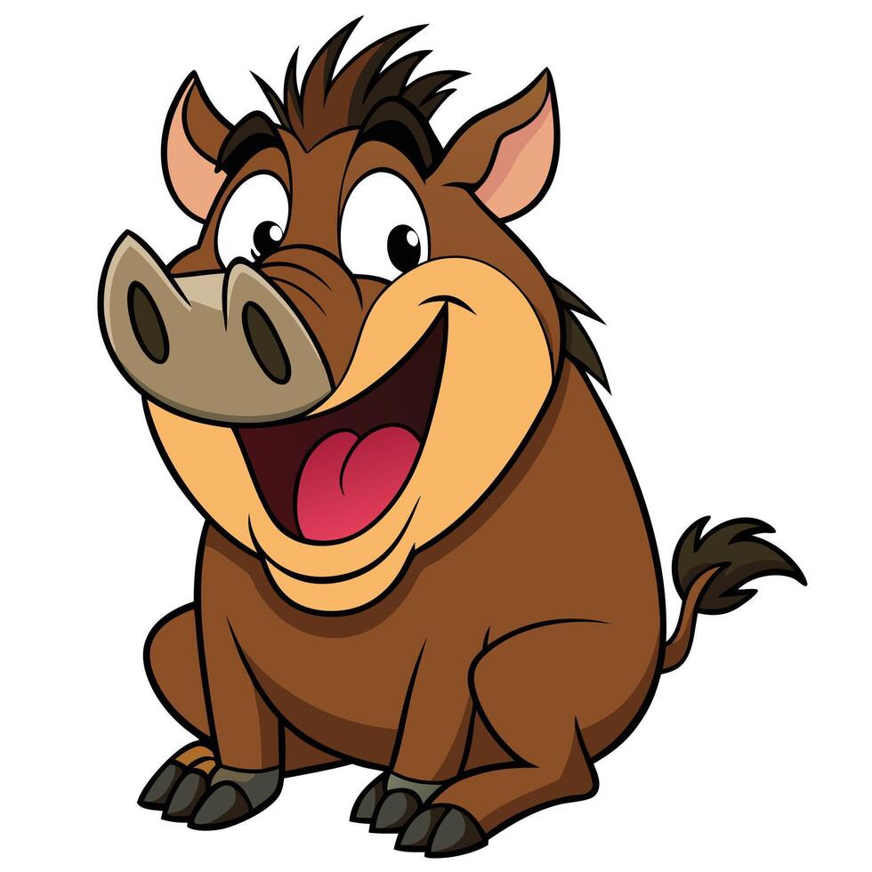 Happy cartoon warthog sitting down with a big smile isolated on white vector
