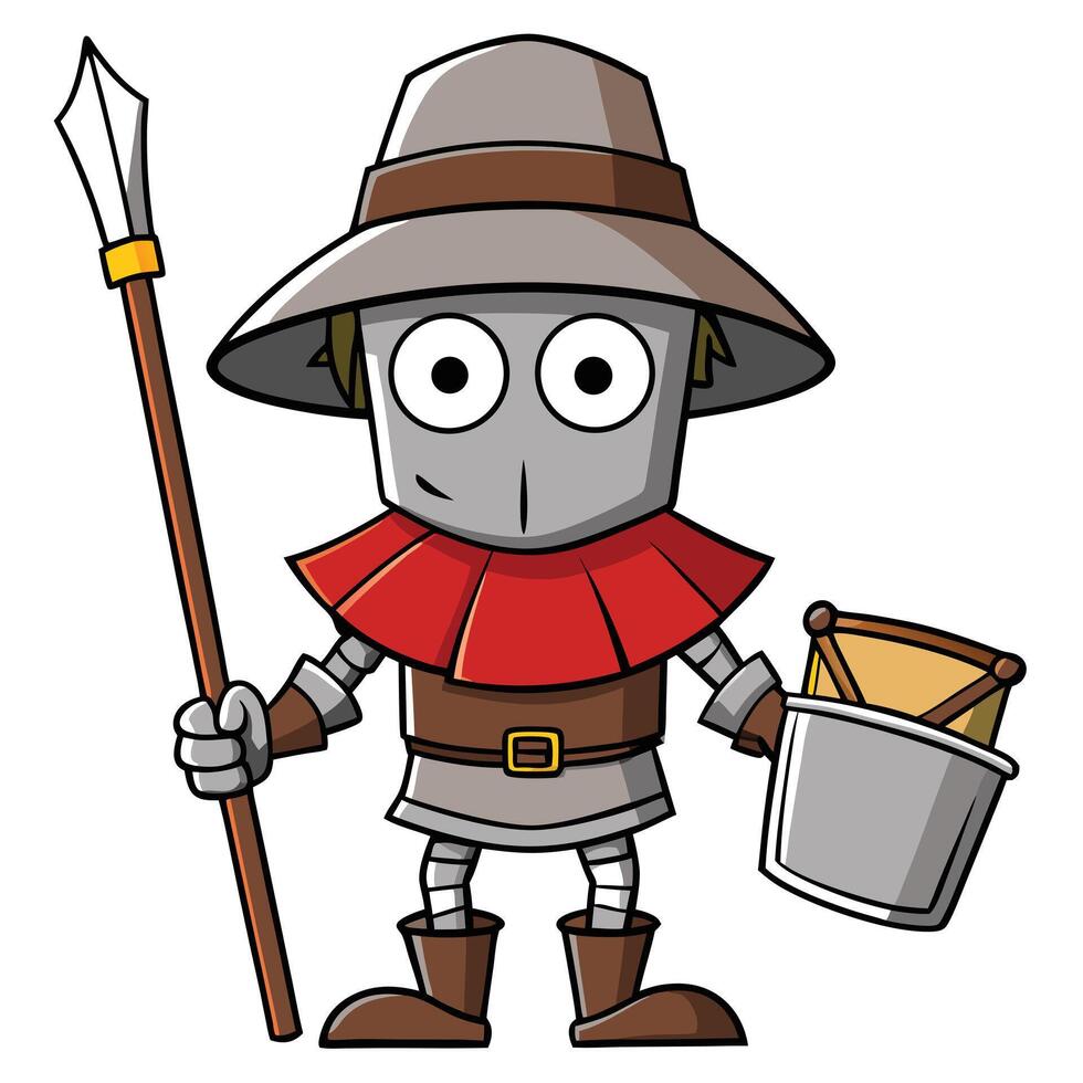Cartoon medieval guard holding spear and bucket illustration art vector