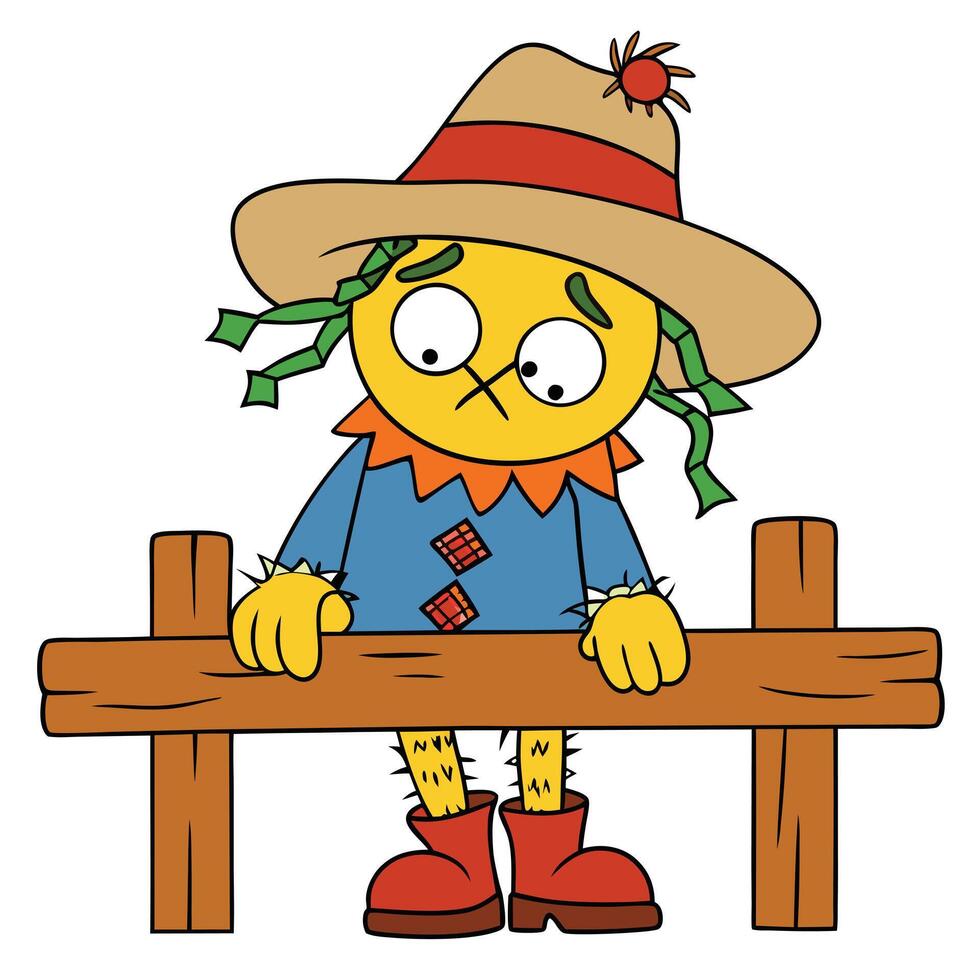 Cartoon scarecrow leaning on fence with a sad expression and straw hat vector