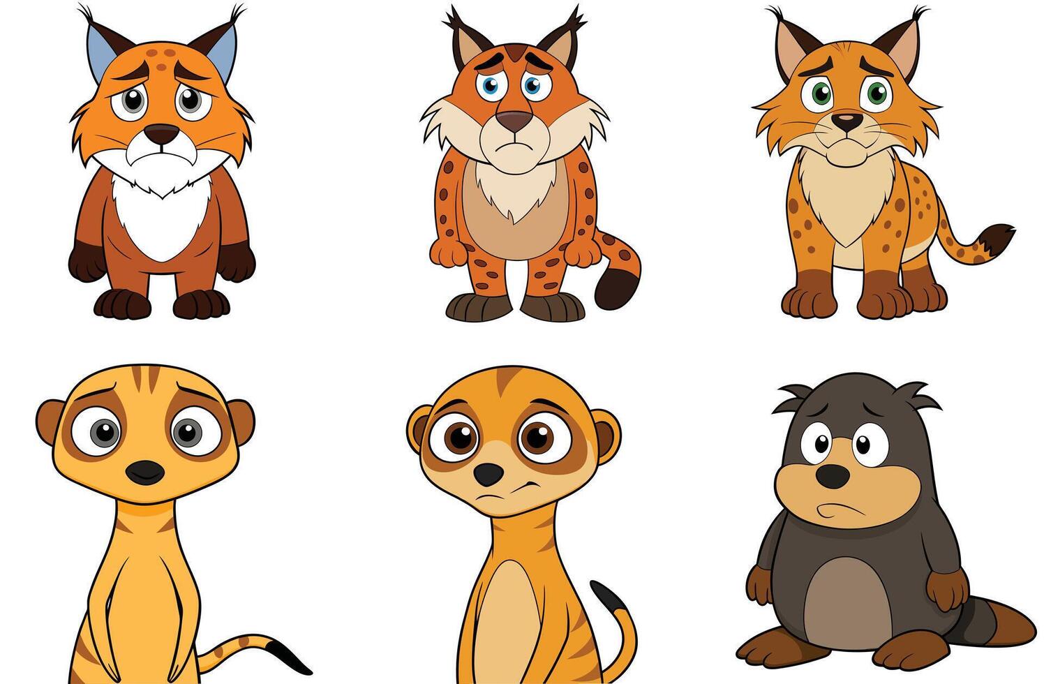 Collection of cartoon animals expressing anger featuring armadillos and fishes on white background vector