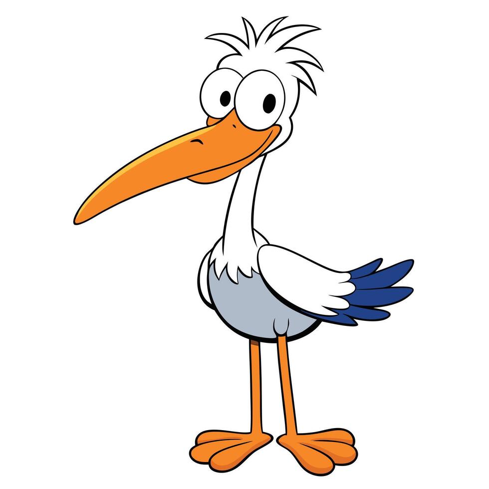 Cartoon stork character illustration cute bird with big eyes and orange beak vector