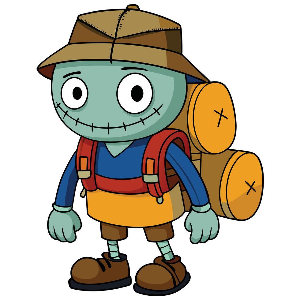 Cartoon adventurer character ready for hiking with backpack and hat illustration vector