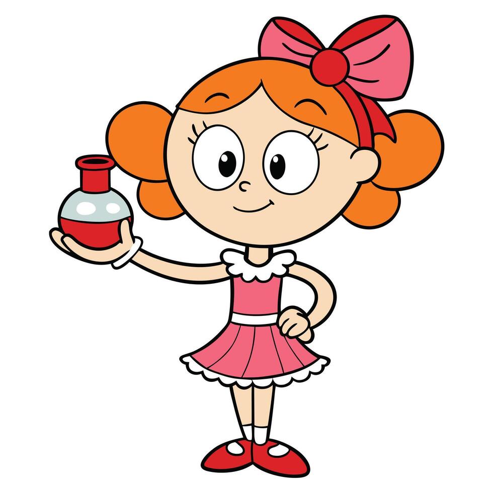 Cartoon girl scientist holding flask educational illustration for kids science experiment vector