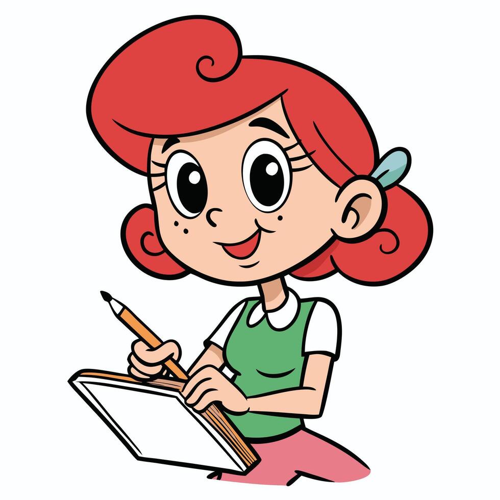 Cute red haired cartoon girl drawing sketching in a notebook with pencil vector