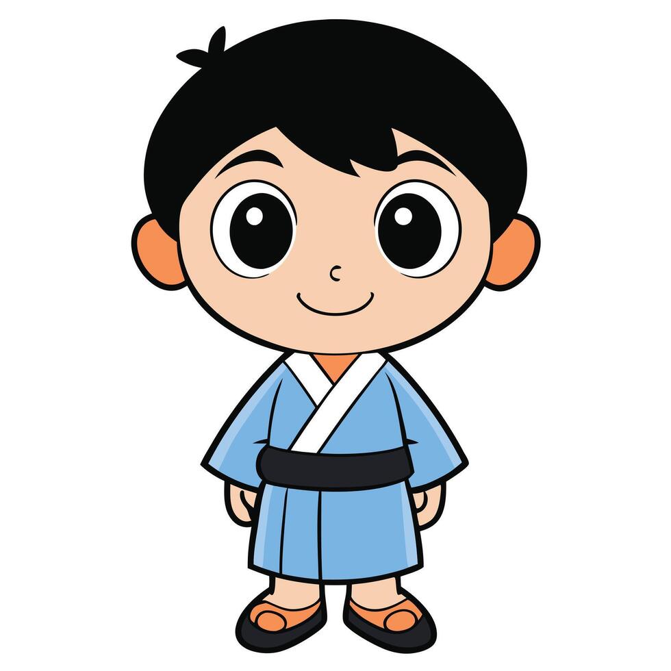 Cute cartoon boy wearing traditional japanese kimono illustration vector