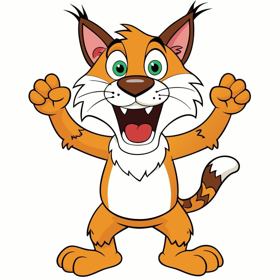 Cheerful cartoon lynx with arms raised in celebration isolated on white background vector