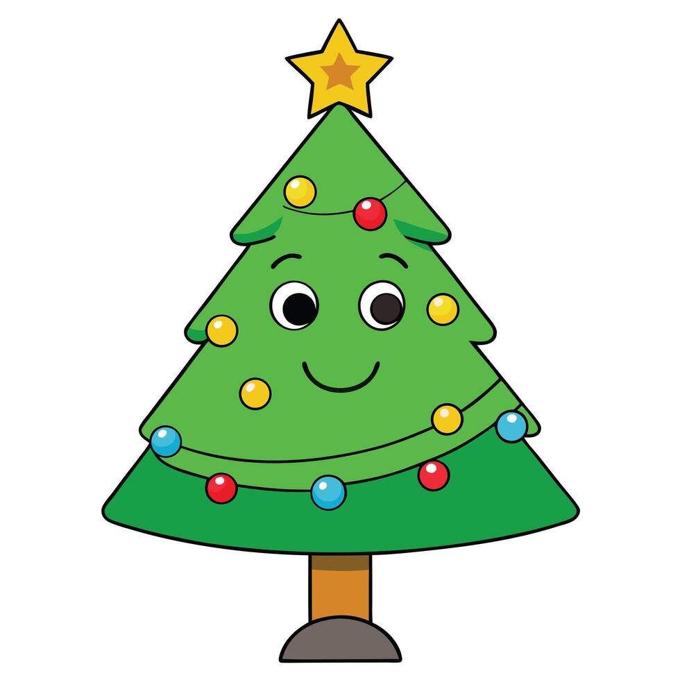 Cute christmas tree character with star and colorful ornaments illustration vector